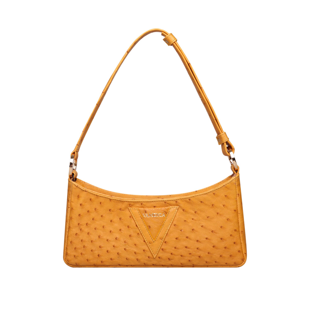Hobo Shoulder Bag made of ostrich leather in mustard yellow